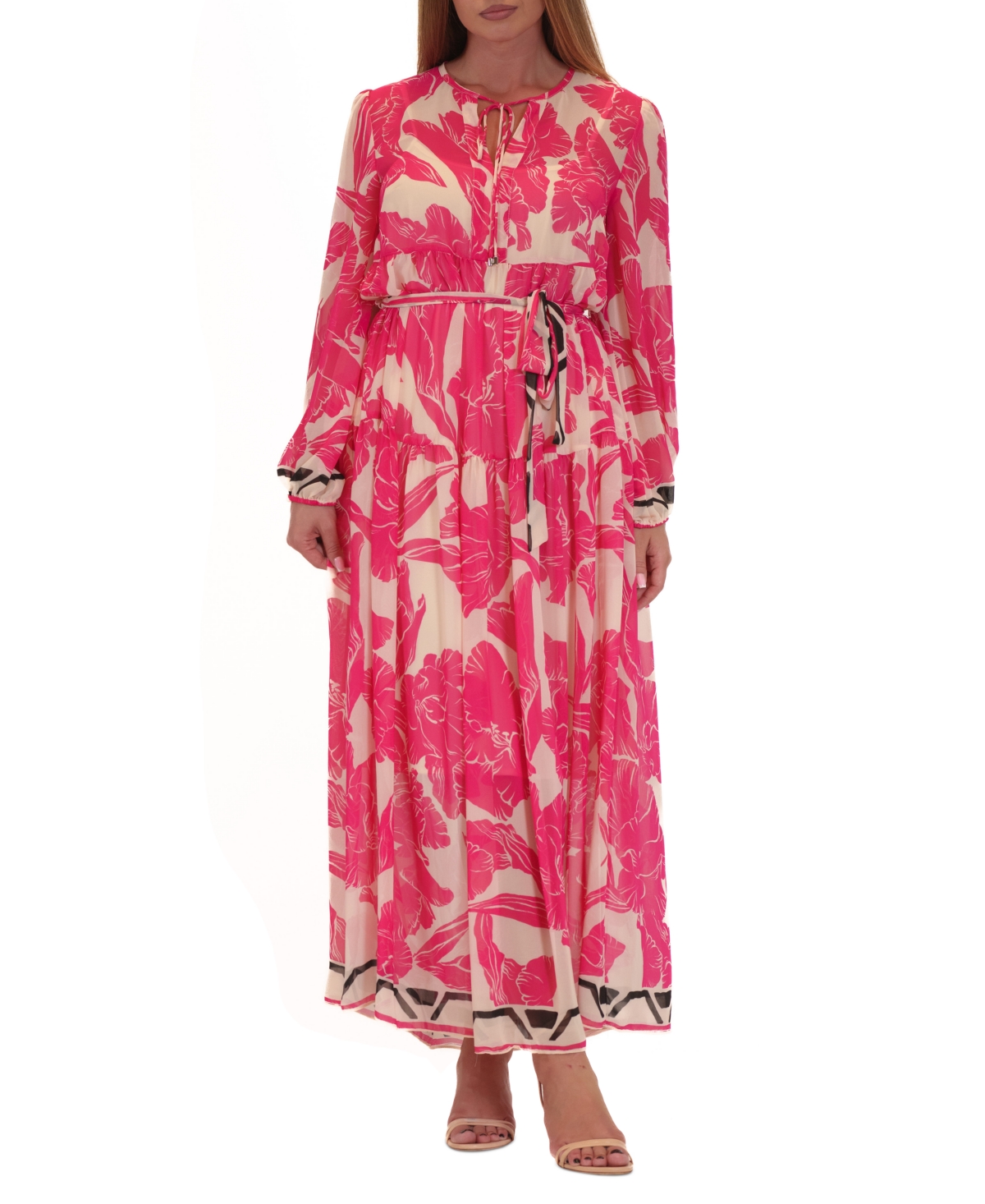 Women's Floral-Print Tie-Waist Maxi Dress - Pink Multi