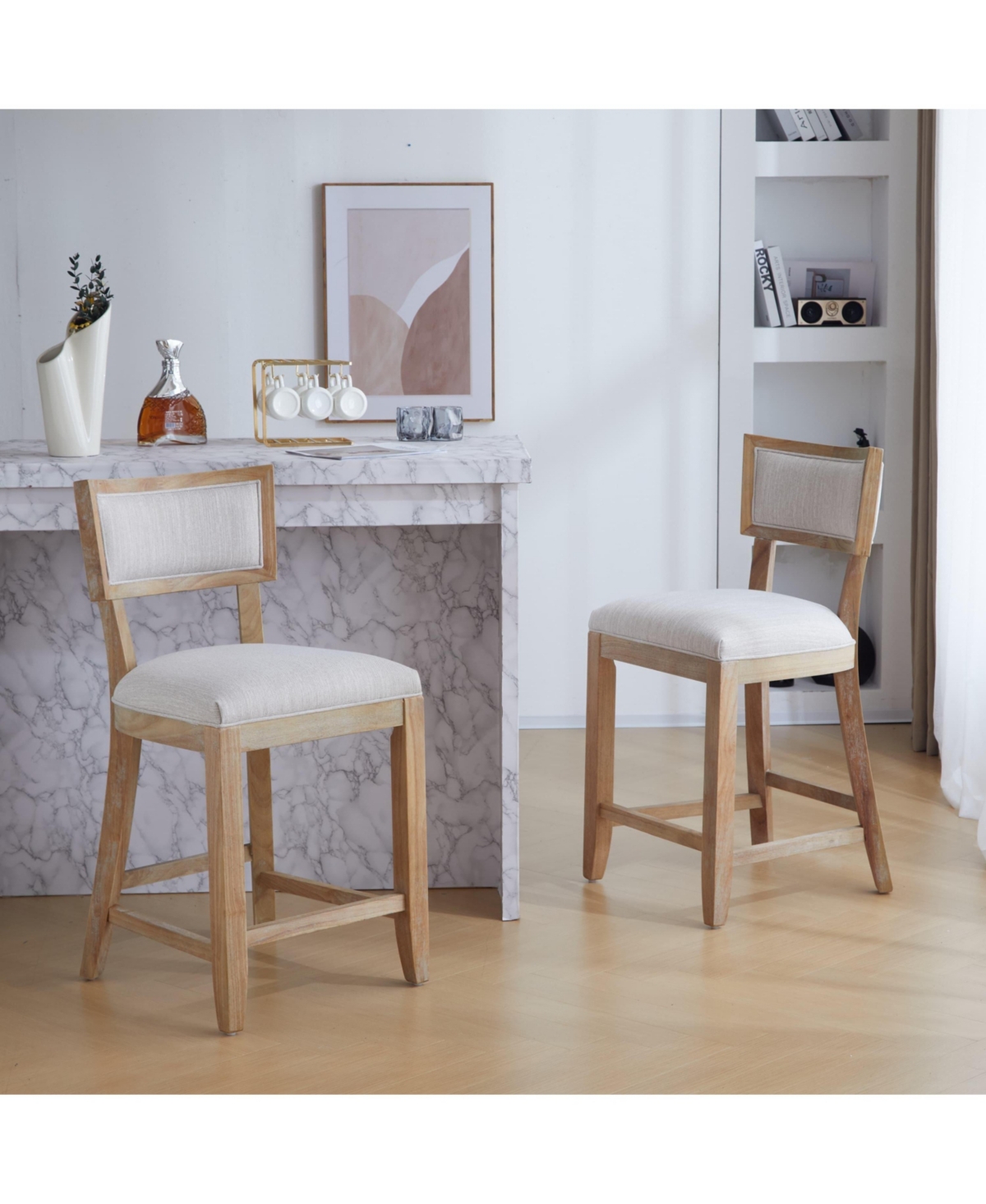 26.5" Counter Height Stools Set of 2, Upholstered with Backrest and Rubber Wood Frame-The Pop Home