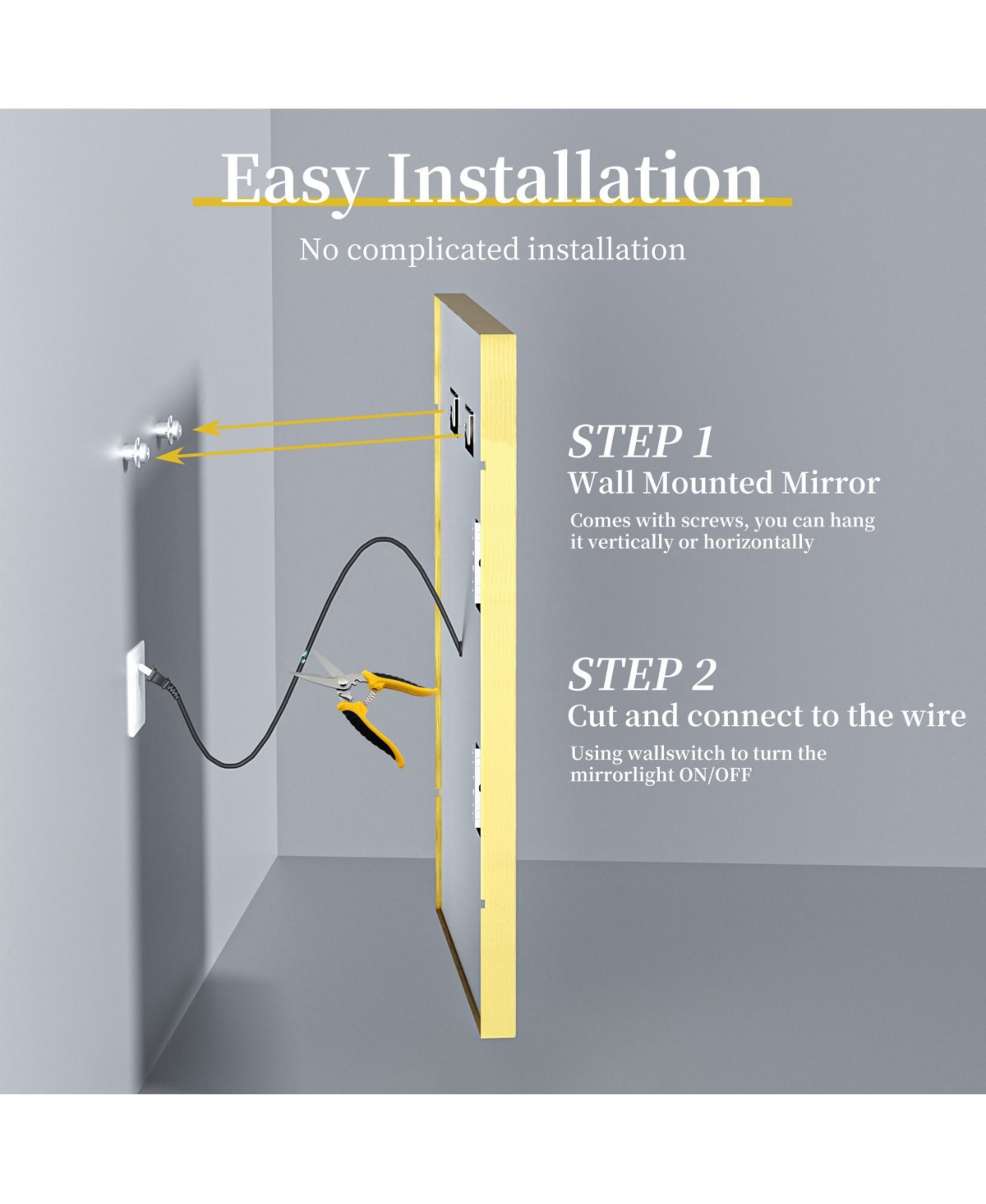 Wisfor Led Vanity Mirror withFrame Wall Mount Bathroom Mirror Frontlit Anti-Fog - Gold