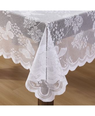 Butterfly Floral Lace Fabric Tablecloth, Lace Fabric Table Cloth for Round Tables, Wrinkle Resistant, Patterned Scalloped