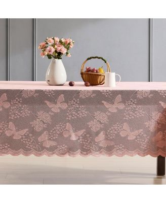 Butterfly Floral Lace Fabric Tablecloth, Lace Fabric Table Cloth for Rectangle Square Tables, Wrinkle Resistant, Patterned Scalloped