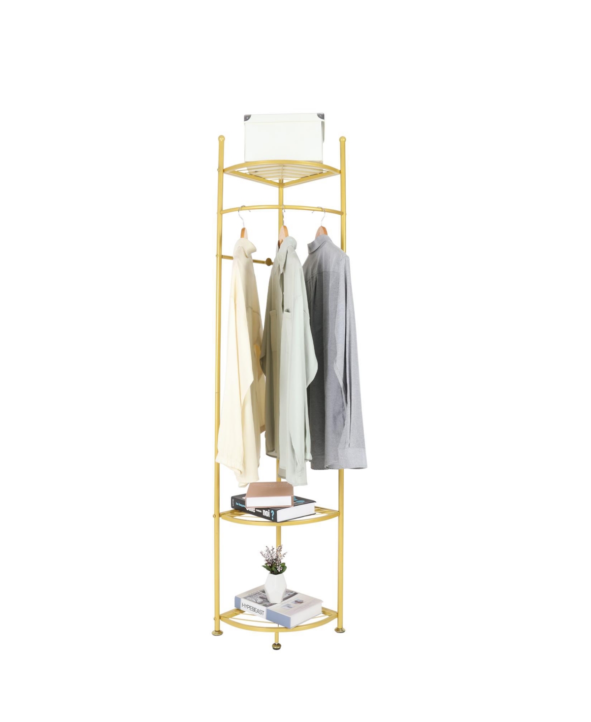Freestanding Gold Metal Coat Rack: Clothes Stand with Shelves Storage - Gold