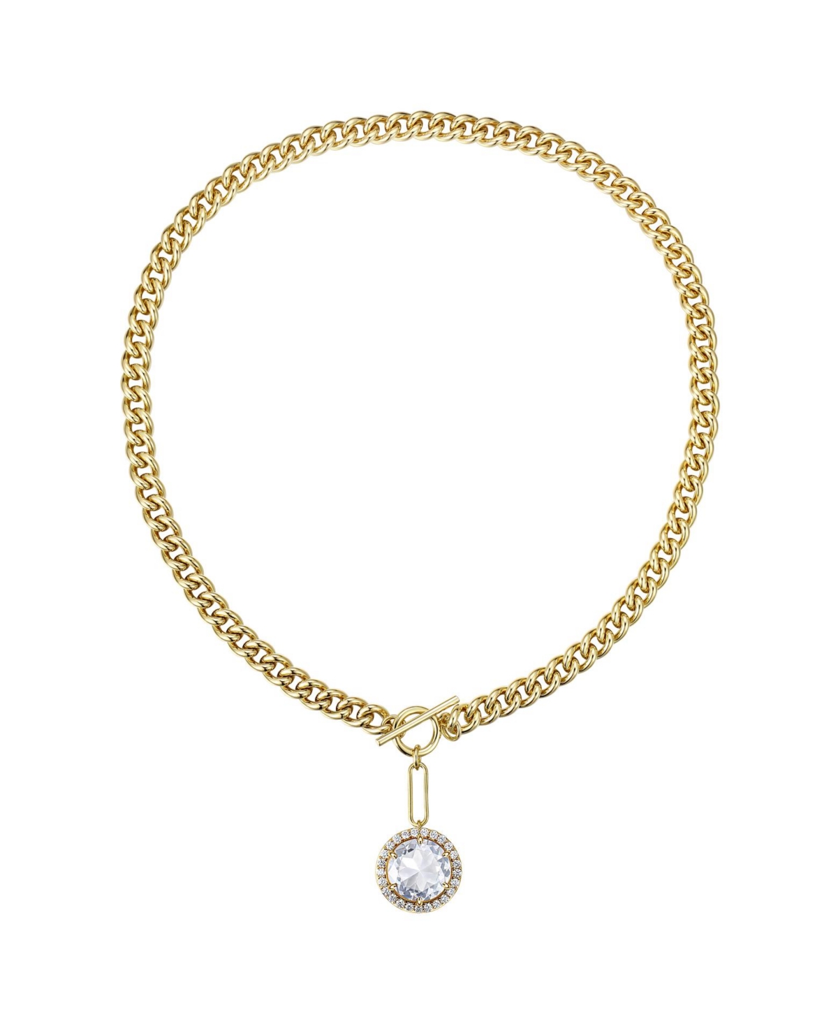 14k Gold Plated with Clear Cubic Zirconia Halo Drop Curb Chain Necklace - Gold