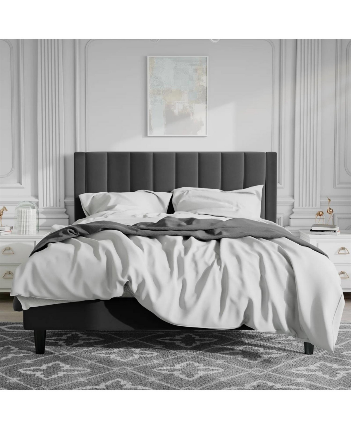Velvet Platform Bed Frame with Headboard &#x2013; Soft Upholstery, Wood Slats, and Durable Structure for Home Bedroom - Black