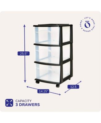 Plastic 3 Drawer Medium Home Storage Container, Clear Drawers & Black Frame