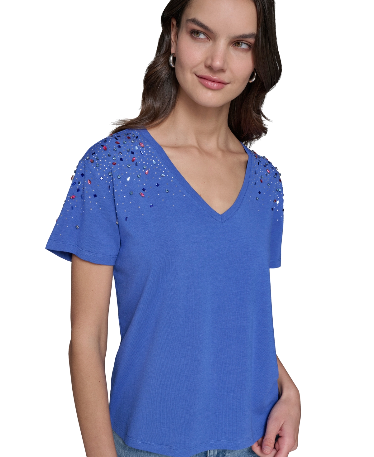 Shop Karl Lagerfeld Women's Embellished V-neck T-shirt In Electric Indigo