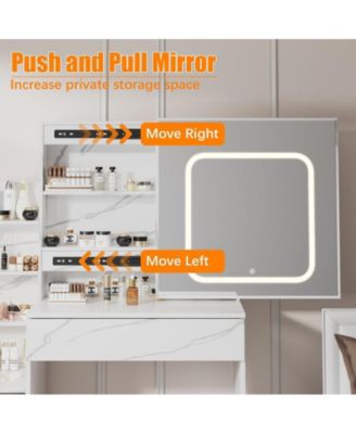 Vanity Desk with Sliding Mirror and Lights, Makeup Vanity Set with Power Outlet, 4 Drawers, Stool, Open Shelves, 3 Color Lighting Modes, Brightness Adjustable, Dressing Table for Bedroom