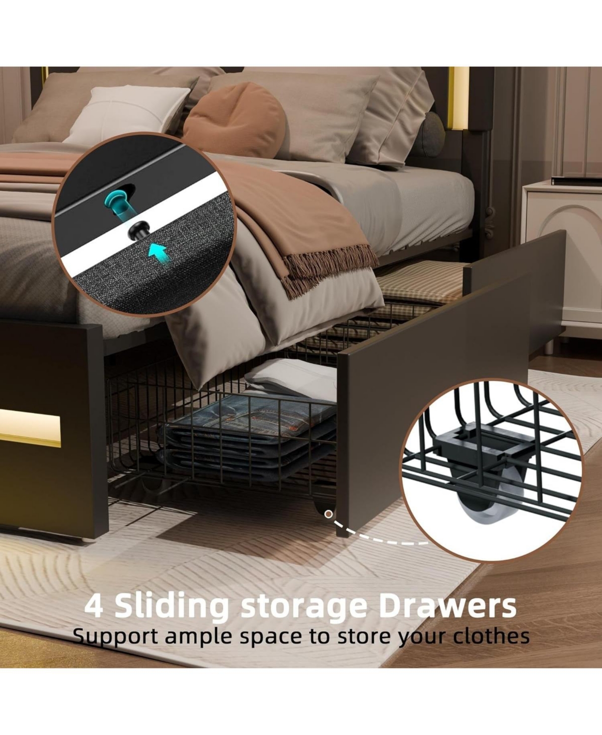 Dyhome Bed Frame with Led Lights and 4 Storage Drawers, Upholstered Platform Led Bed Frame Size with Charging Station Button Pu Leather Head