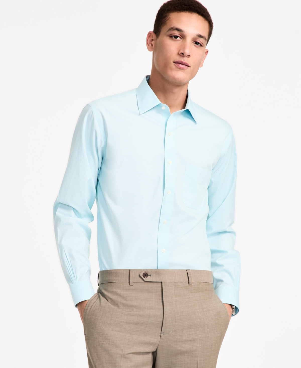 Men's Regular Fit Non-Iron Spread Collar Houndstooth Pinpoint Dress Shirt - Turquoise