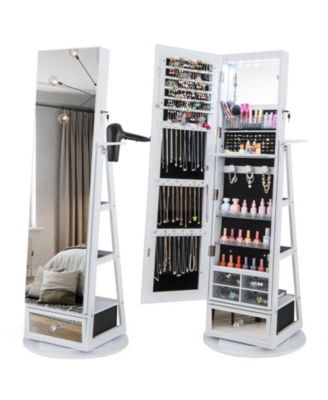 Lockable 360° Swivel Jewelry Cabinet with Full-Length Mirror LED Lights
