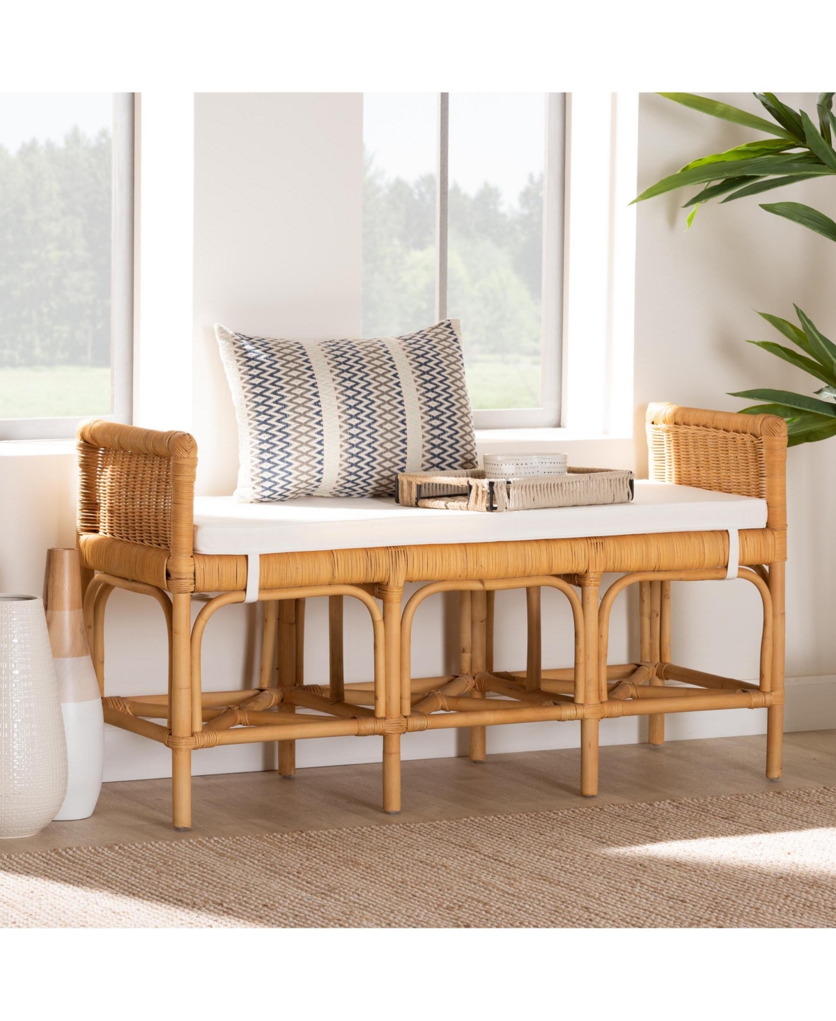 bali & pari Nairi Modern Bohemian NaturalRattan Bench - Brown