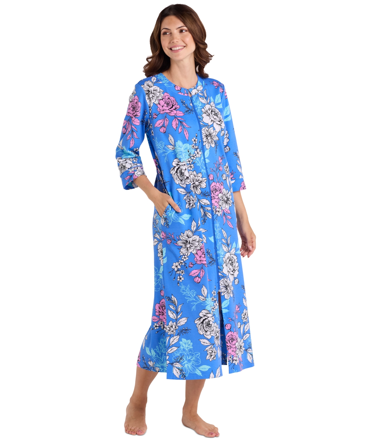 Women's Long-Sleeve Printed Long Zip Robe - Multi Trop Palm Floral