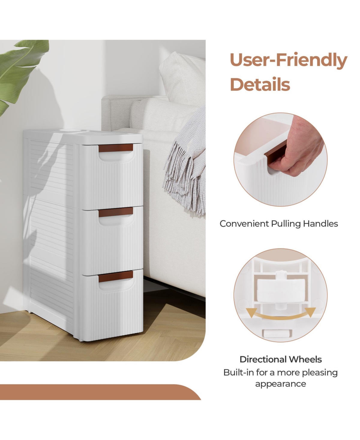 Gouun 3-Drawer Rolling Organizer Unit Narrow Storage Cabinet with Built-In Wheels for Space
