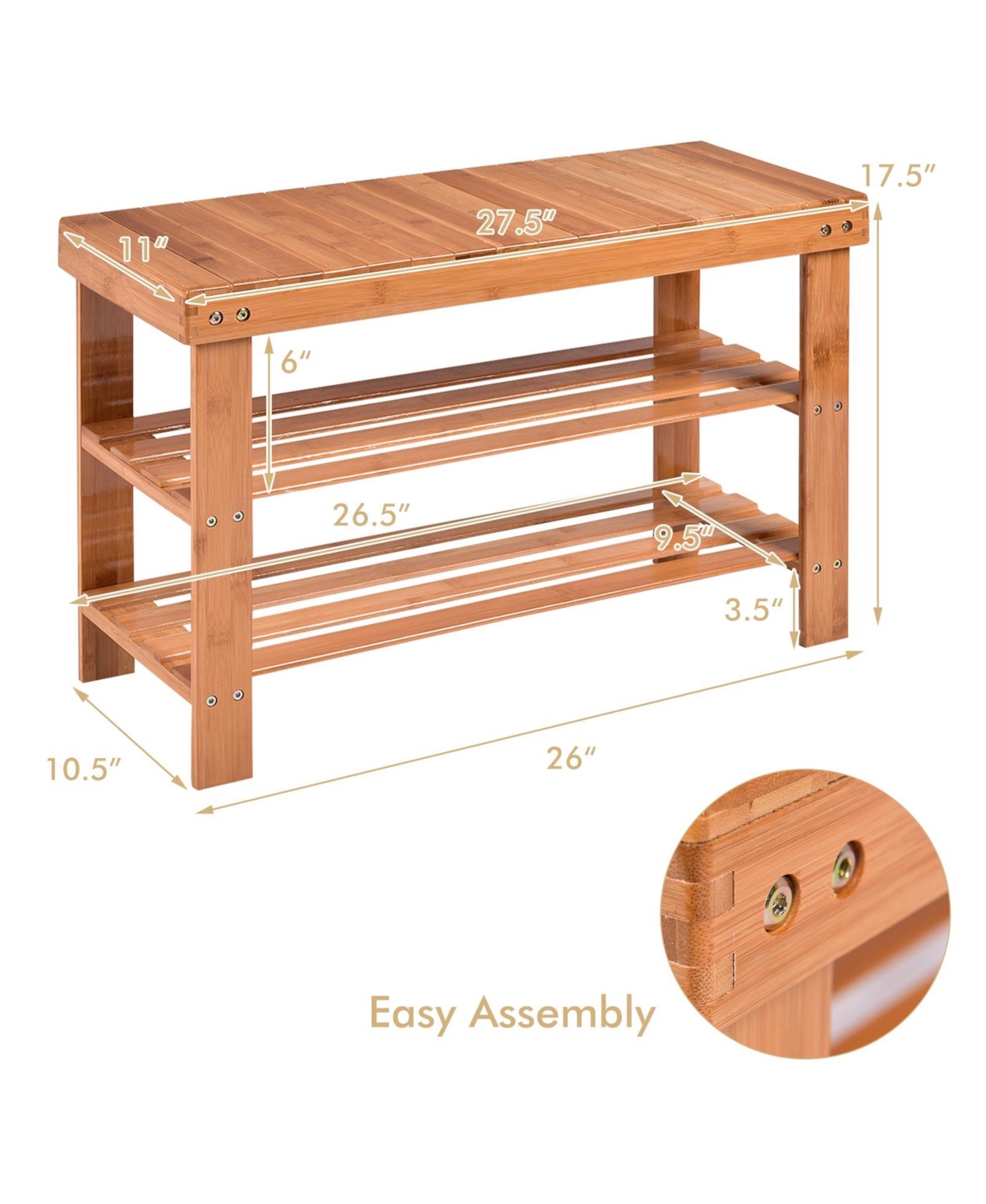 Gouun 3 Tier Bamboo Bench Storage Shoe Shelf