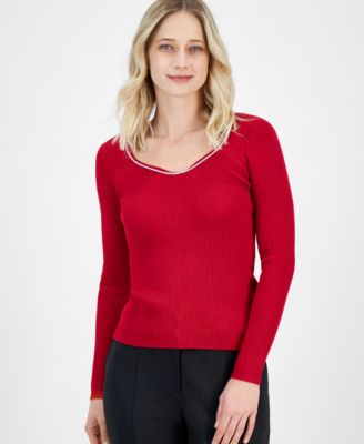 T Tahari - Rhinestone Sweetheart-Neck Rib-Knit Sweater