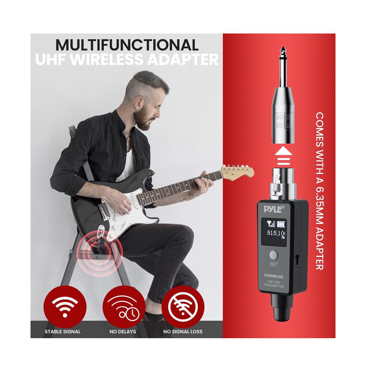 Pyle Multifunctional Uhf Wireless Adapter for Dynamic Microphones - 48k Uhf Digital, Usb Rechargeable, Up to Range
