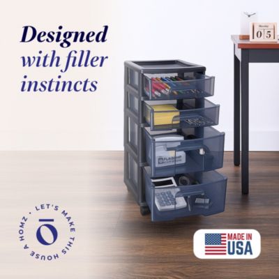 Tall Solid Plastic 4 Drawer Medium Storage Cart with Caster Wheels, Black