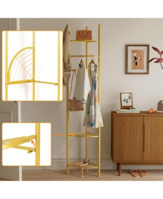 Freestanding Gold Metal Coat Rack: Clothes Stand with Shelves Storage