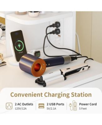 Vanity Desk with Mirror and Lights, Makeup Vanity Set w/Desk and Stool, Power Outlet, Makeup Vanity Desk with 6 Storage Shelves, 2 Large Drawers and 3 Color Adjustable Brightness