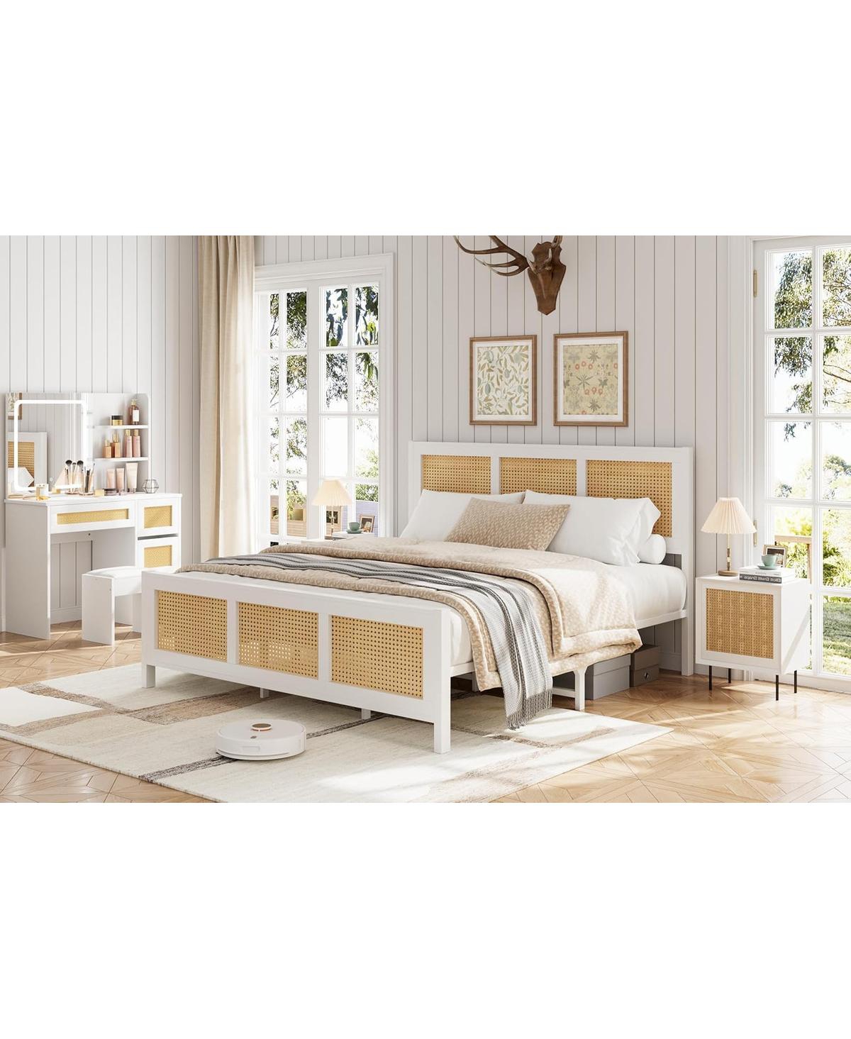 gaomon Size Rattan Bed Frame with Headboard,Boho Cane Platform Bed Frame with Strong Metal Slat, Noise Free, No Box Spring Needed - White