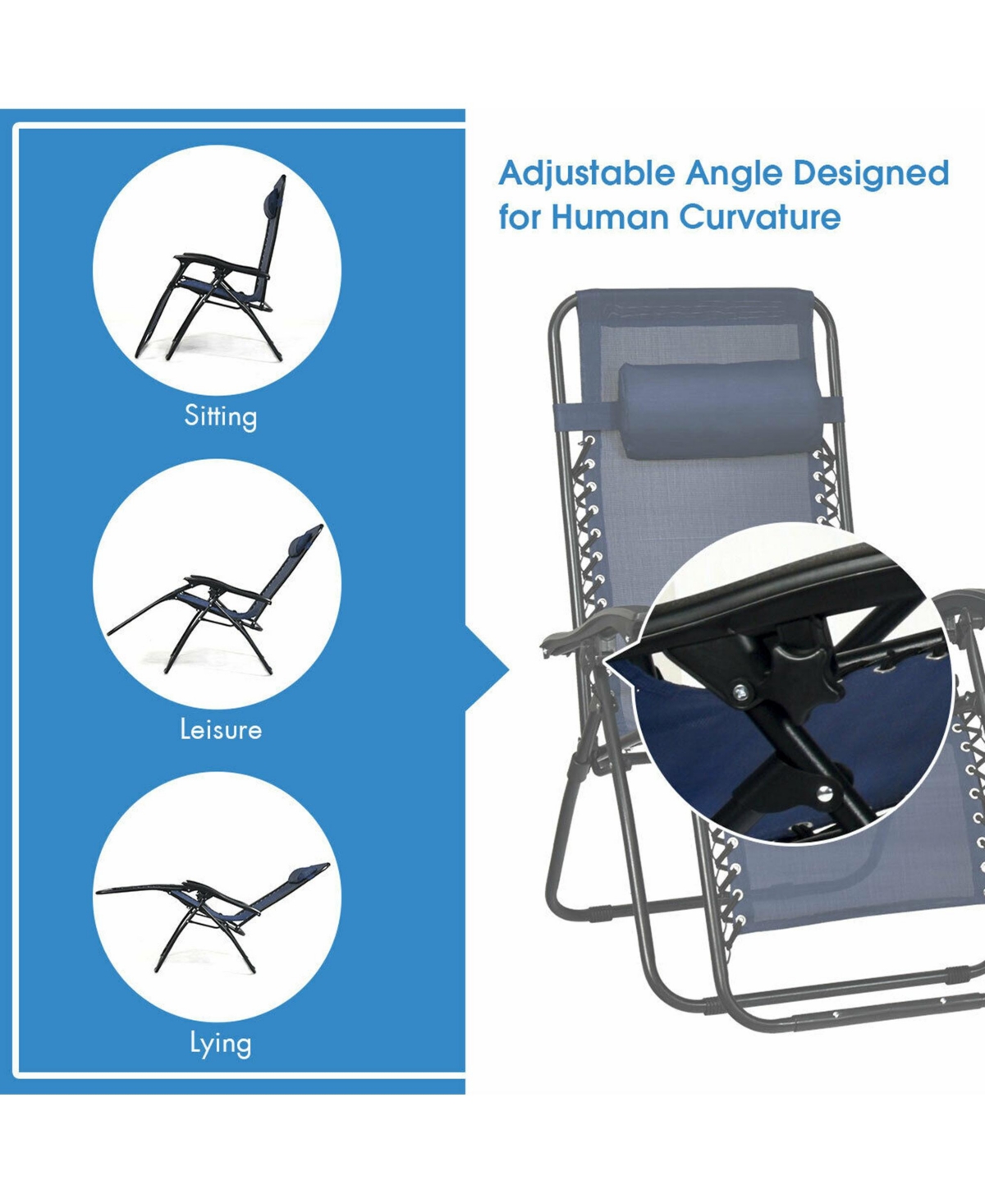 Gymax 3PCS Zero Gravity Recliner Lounge Chairs Pillows Table Portable Folding- Navy