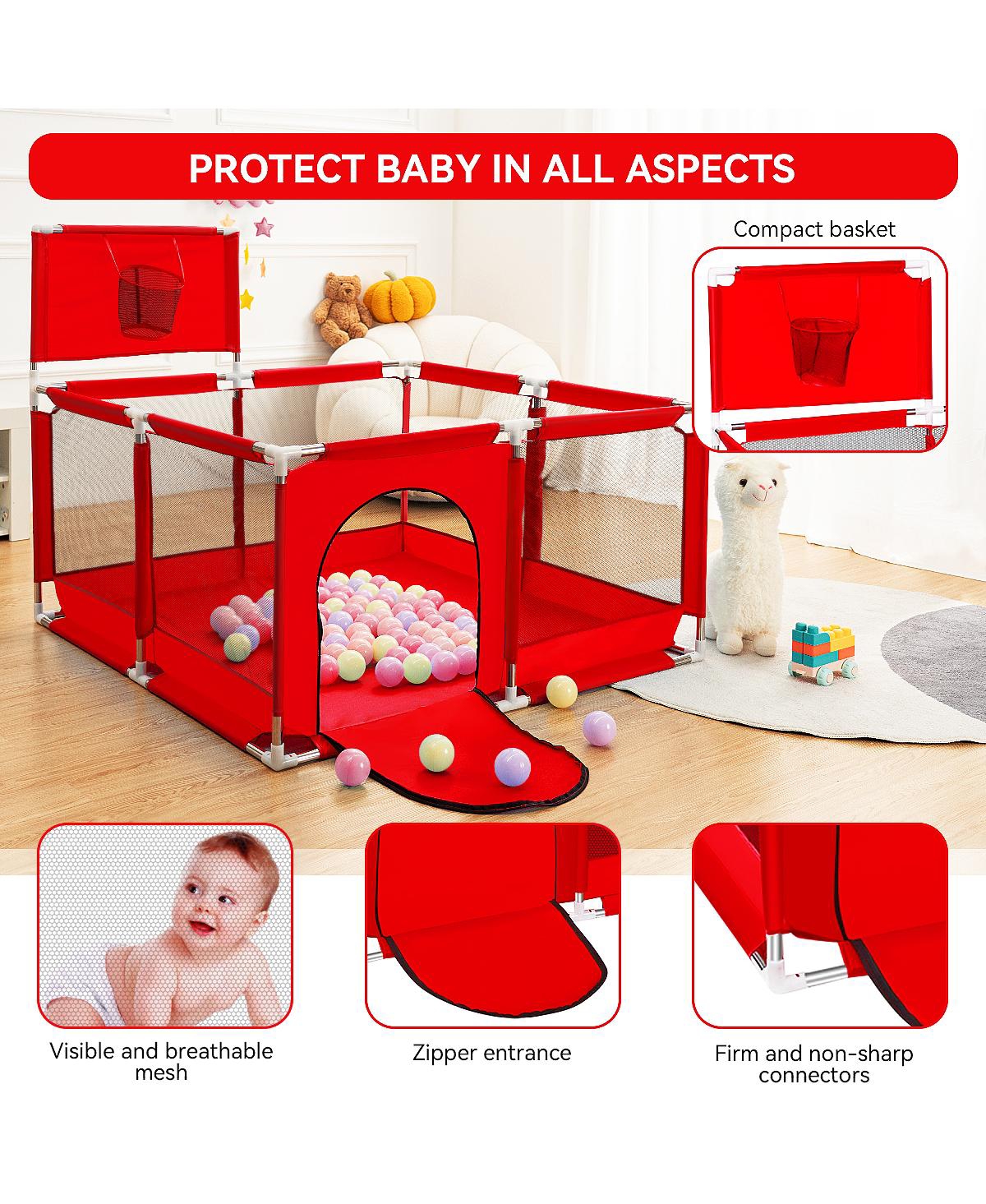 Comomy Baby Playpen Outdoor Indoor Play Yard 7 Panel Baby Safety Playpen for Infant Toddler with Basketball Hoop