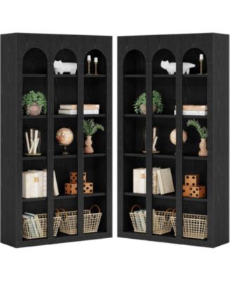 5-Tier Farmhouse Tall Bookshelf Set of 2, 70.87-Inch Rustic Wood Bookcase with Open Shelves, Vintage Display Storage Shelving Unit