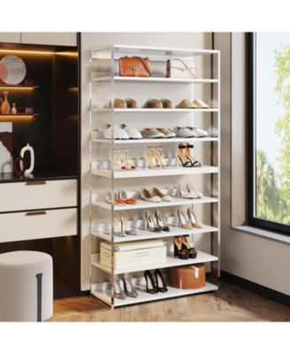 8-Tier Acrylic Shoe Rack, Modern Shoe Storage with Wood Shelves, 63" Shoe Organizer Display Shelf for 24-32 Pairs, Space-Saving, White & Transparent