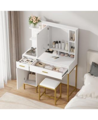 Makeup Vanity with Power Outlet, Vanity Desk with Mirror and Lights