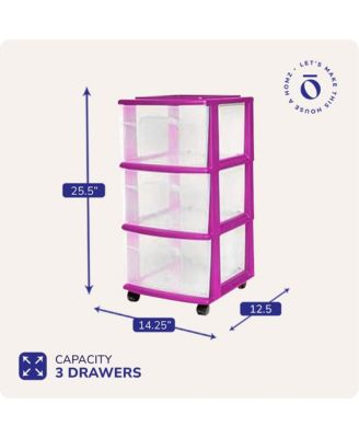 Plastic 3 Drawer Medium Storage Container Tower, Clear Drawers/Purple Frame