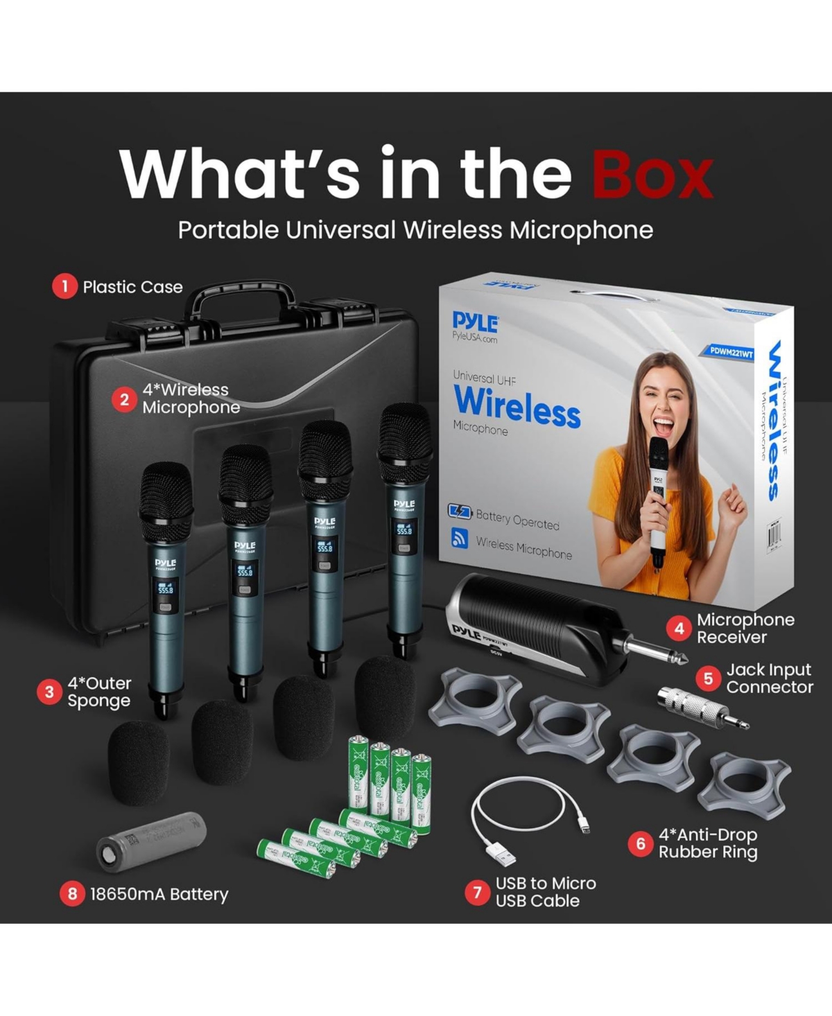 Pyle Uhf Wireless Microphone System - 4 Handheld Mics, 4-Channel Receiver, Rack-Mountable,- Green