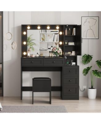 Makeup Vanity Stool Set, Small Vanity Desk with Lighted Mirror, Charging Station, 5 Drawers