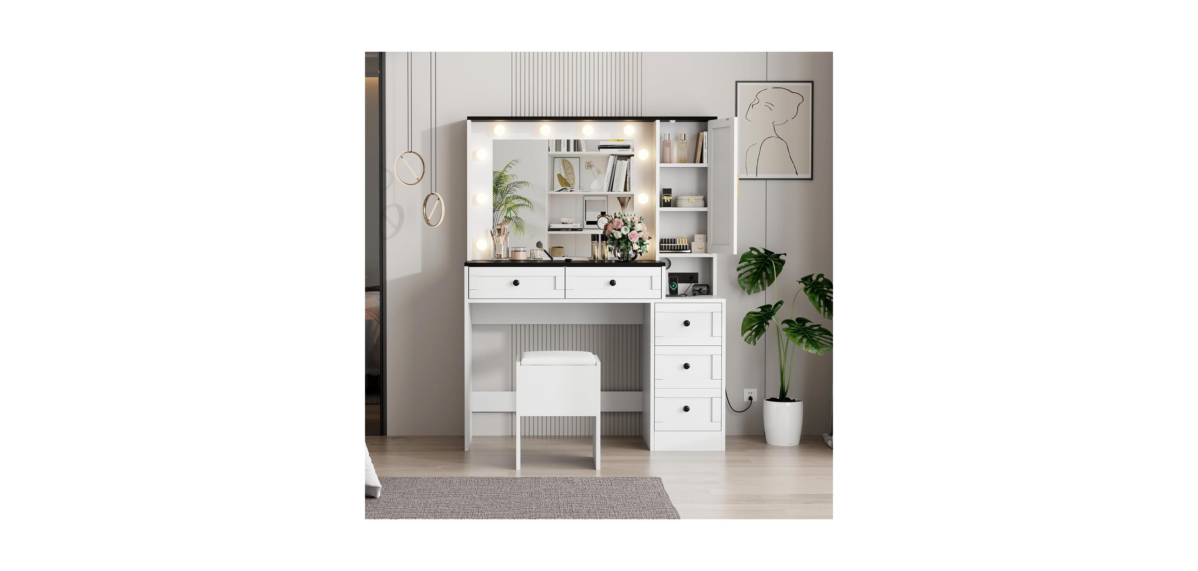 gaomon Makeup Vanity Stool Set, Small Vanity Desk with Lighted Mirror, Charging Station, 5 Drawers