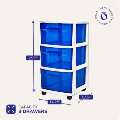 Plastic 3 Drawer Medium Storage Container Tower, Blue Drawers/White Frame