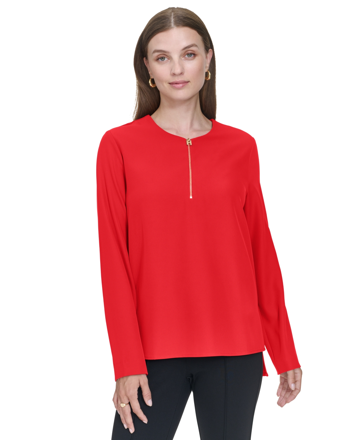 HALSTON WOMEN'S ZIP-FRONT HI-LOW SIDE-SLIT BLOUSE 