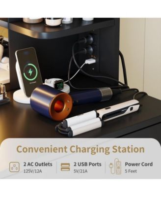 Vanity Desk with Mirror and Lights, 6 Shelves, 2 Drawers, Stool, Power Outlet, Adjustable Brightness