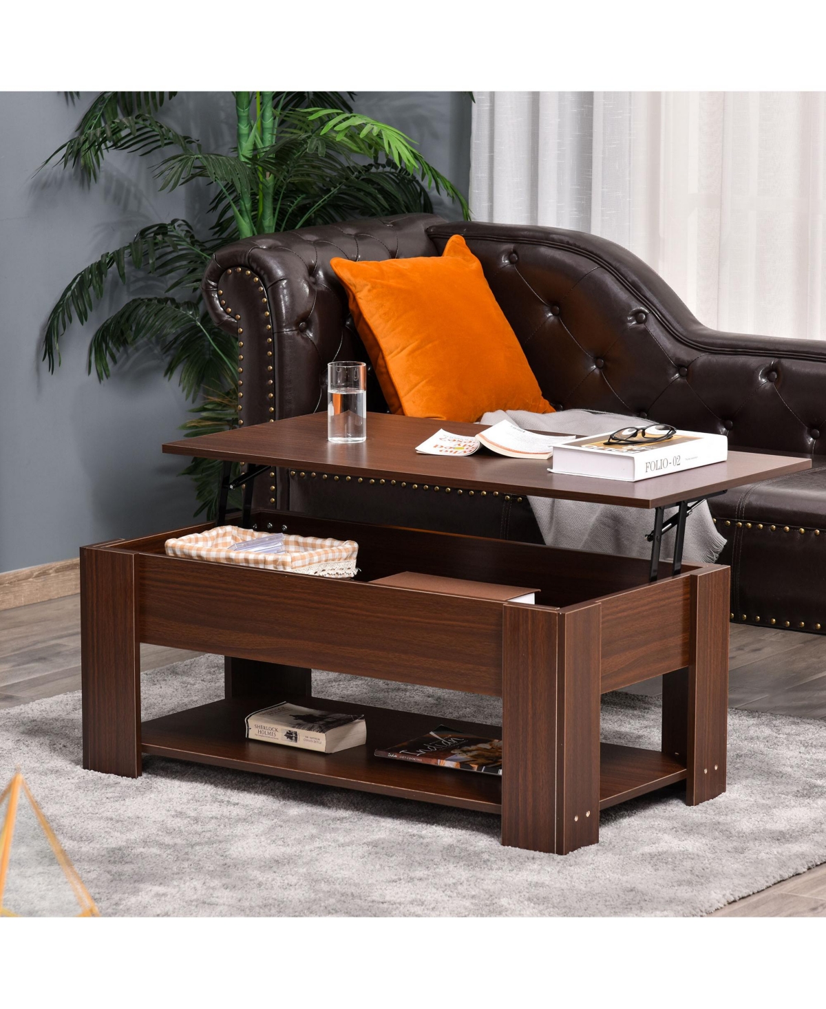 Homcom Lift Top Coffee Table with Hidden Storage Compartment and Open Shelf, Pop Up Coffee Table for Living Room,- Brown