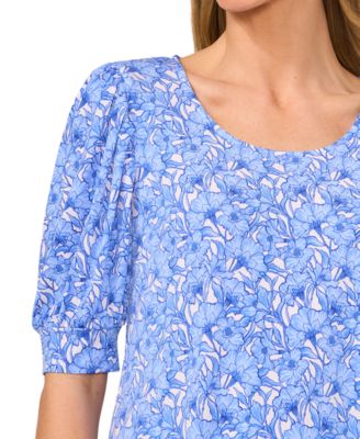 Women's Floral Shirred Scoop-Neck 3/4-Sleeve  Knit Top