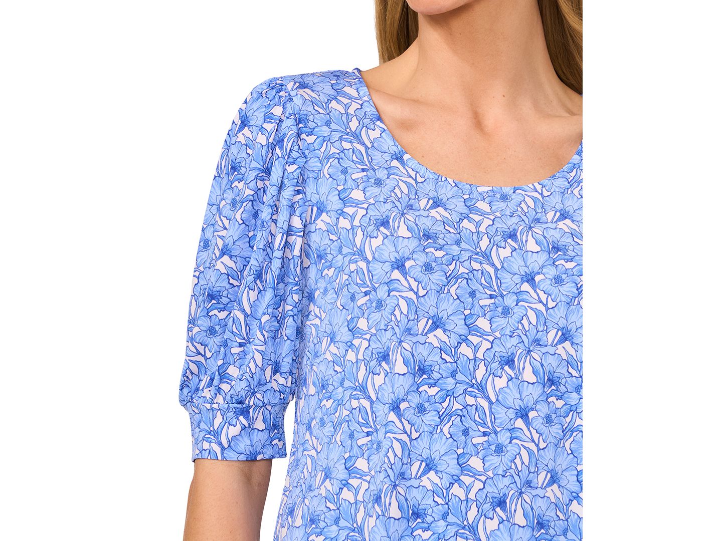 Женский топ CeCe Floral Shirred Scoop-Neck 3/4-Sleeve Knit Top, цвет: Слоновая кость — фото 3