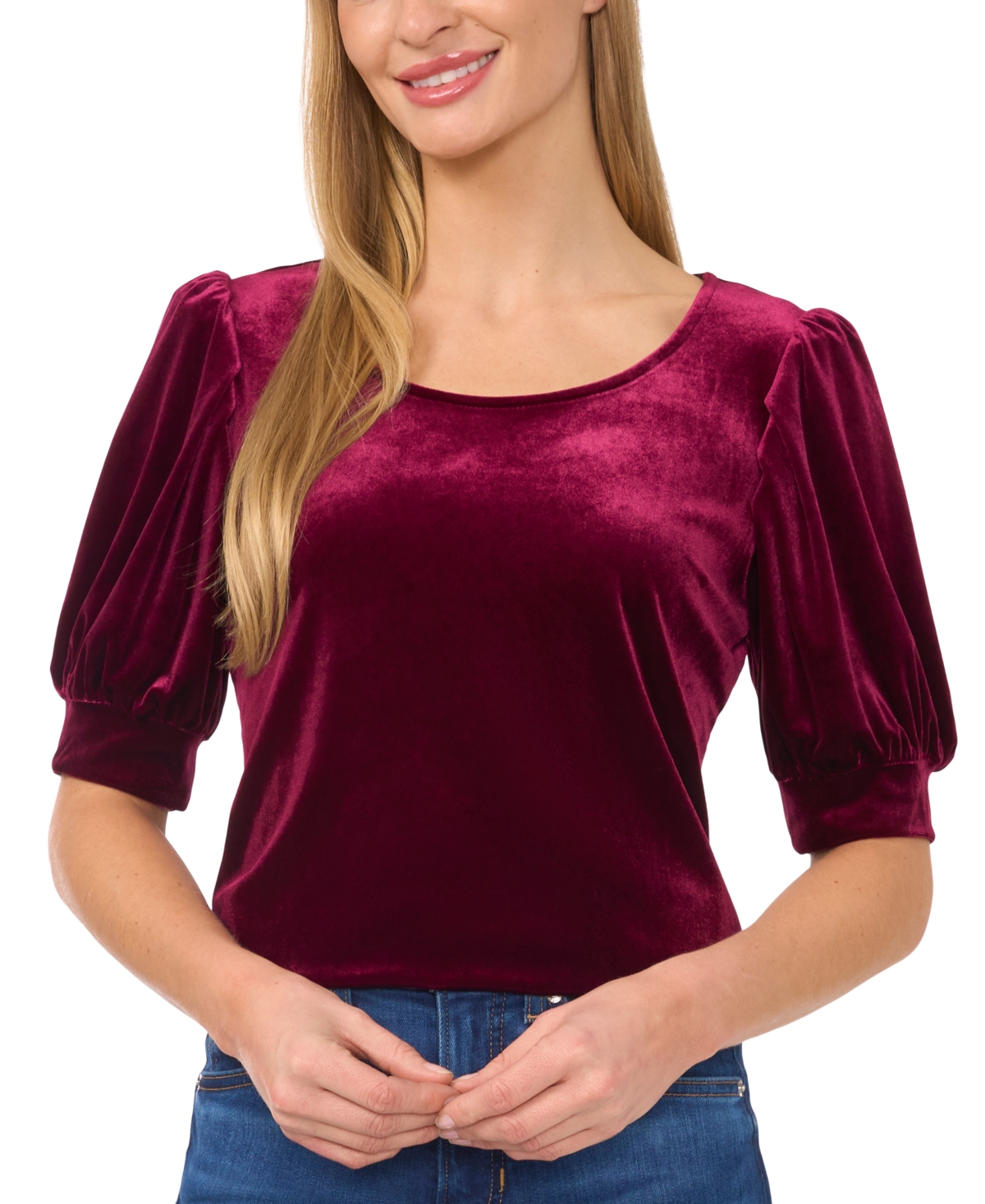 Cece Puff Shoulder Velvet Top In Majestic Wine