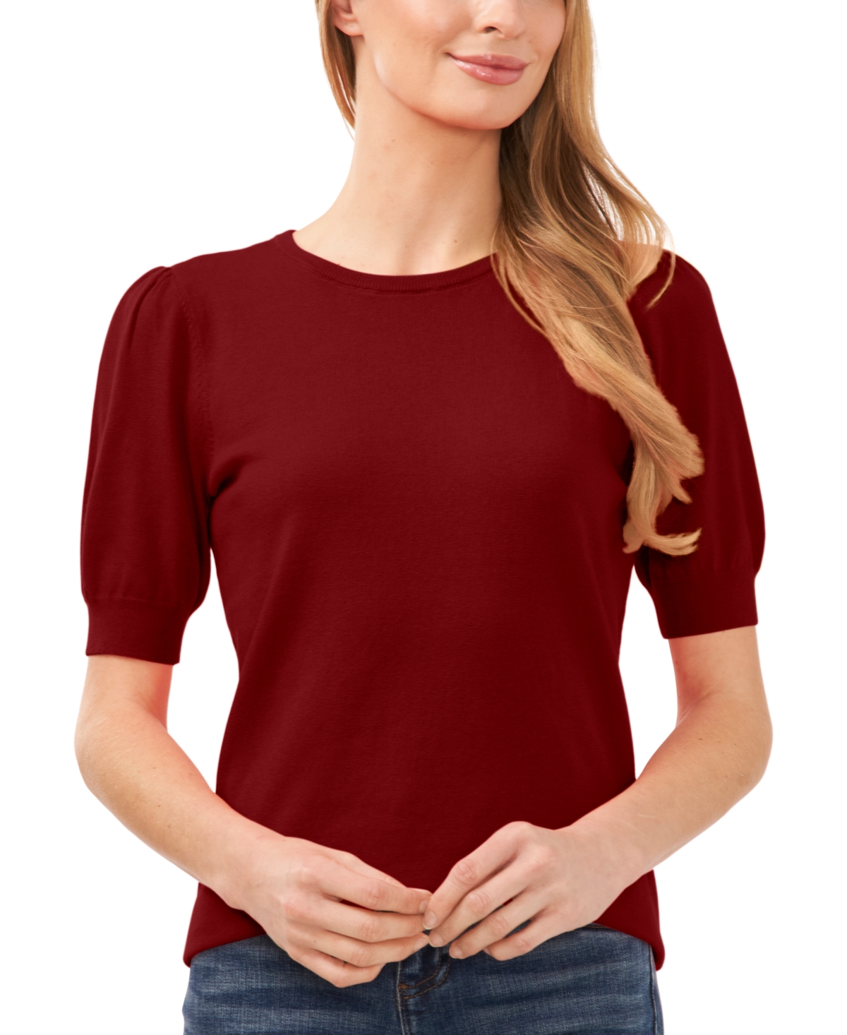 Cece Women's Crewneck Puff Sleeve Cotton Sweater In Claret Red