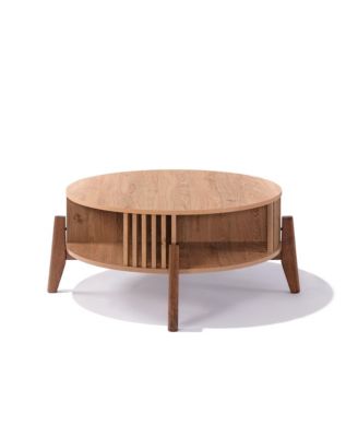 Round Coffee Table with Storage 31.5" Oak Finish Wood Center Accent Tables with Wood Legs