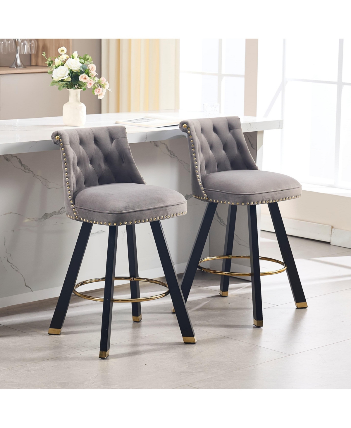 The Pop Home Set of 2 Velvet Swivel Bar Stools, 360 Rotation, Modern Kitchen Chairs-The Pop Home - Grey+velvet