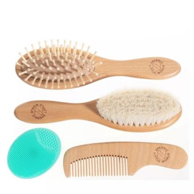 Toddler Hair Brush and Comb Set for Newborn – Wooden Brush with Soft Goat Bristle, Cradle Cap Brush for Newborns Girls, Blue