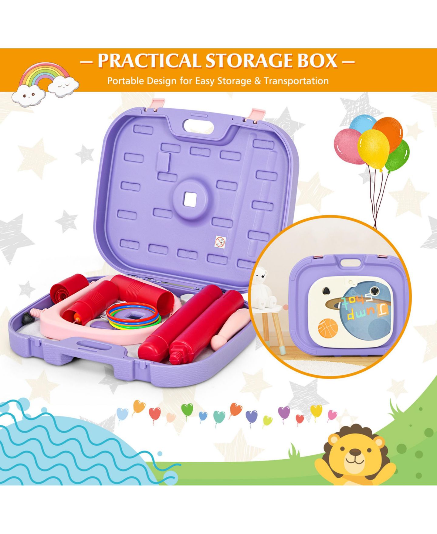 Детские игрушки Gymax Portable 2 in 1 Kids Basketball Hoop Stand w/ Ring Toss and Storage Box, цвет: Красный — фото 9