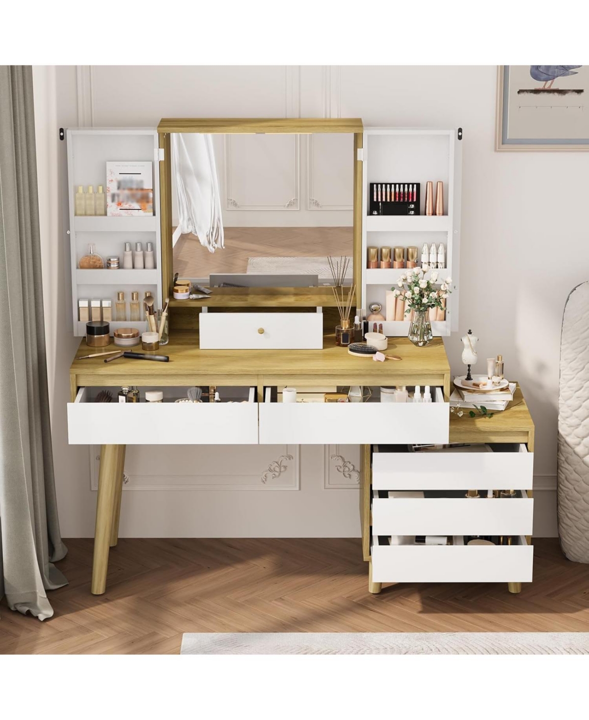 gaomon Vanity Desk with Mirror and Lights, Makeup Vanity Set with Power Outlet, 6 Drawers, Open Shelves, 3 Color Lighting Modes, Brightness Adjustable