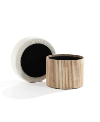 Modern Upholstered Ivory Footstool with Storage and Wood Fluted Base