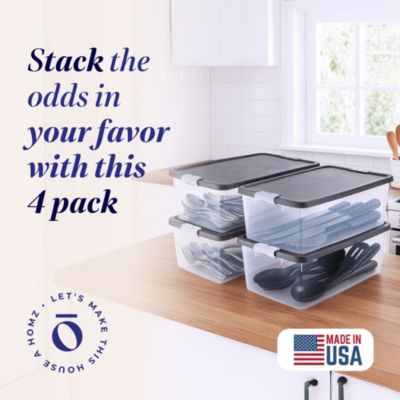 15 Qt Stackable Plastic Storage Container w/Snaplock Lid, Gray (4 Pack