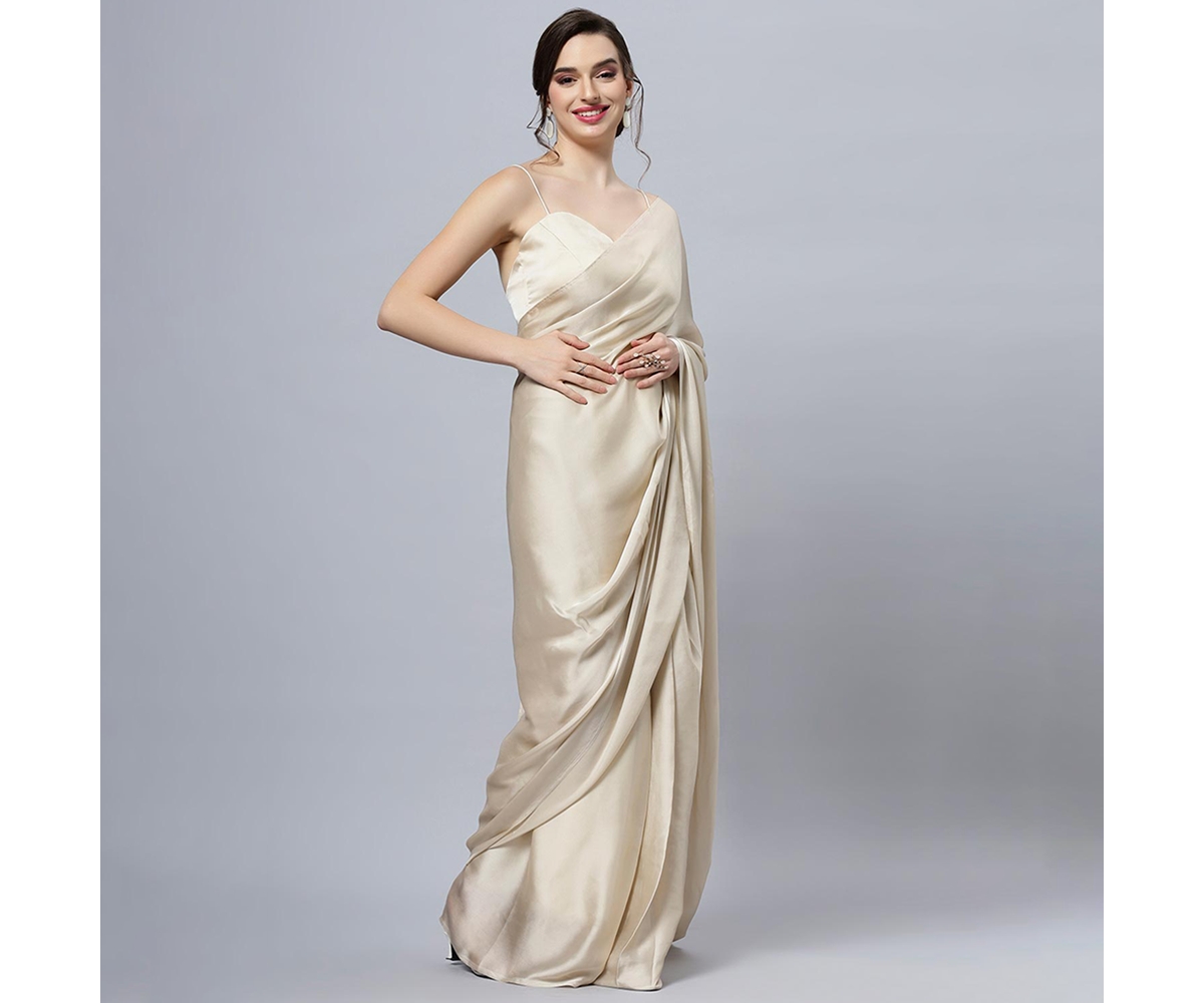 One Minute Saree Tia Cream Monochrome Satin Ready to Wear Sari