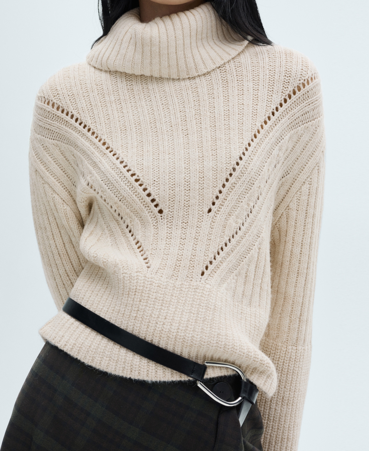 Mango Turtleneck Sweater With Unstitched Detail Ecru In Ecru